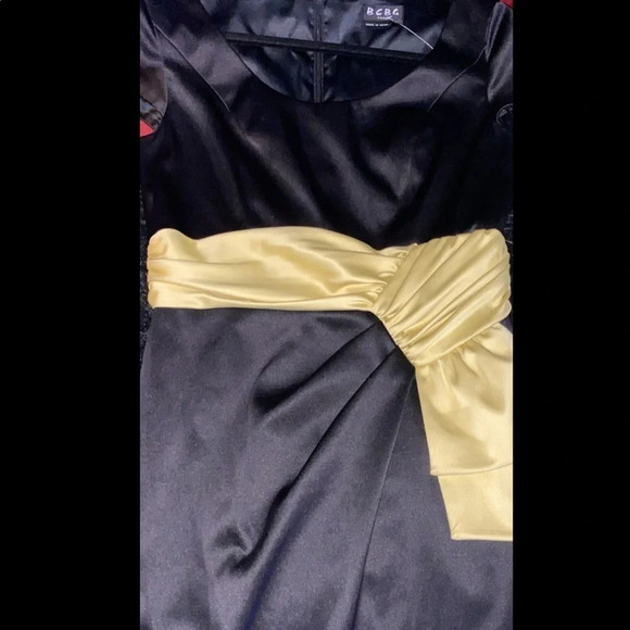 BCBG black satin yellow vintage 1950’s style bow detail cocktail dress - Picture 7 of 17